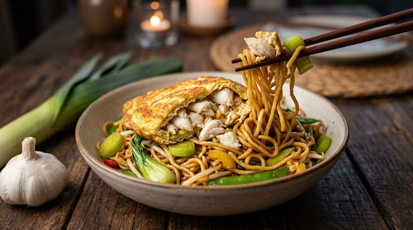 Bami met krab-omelet