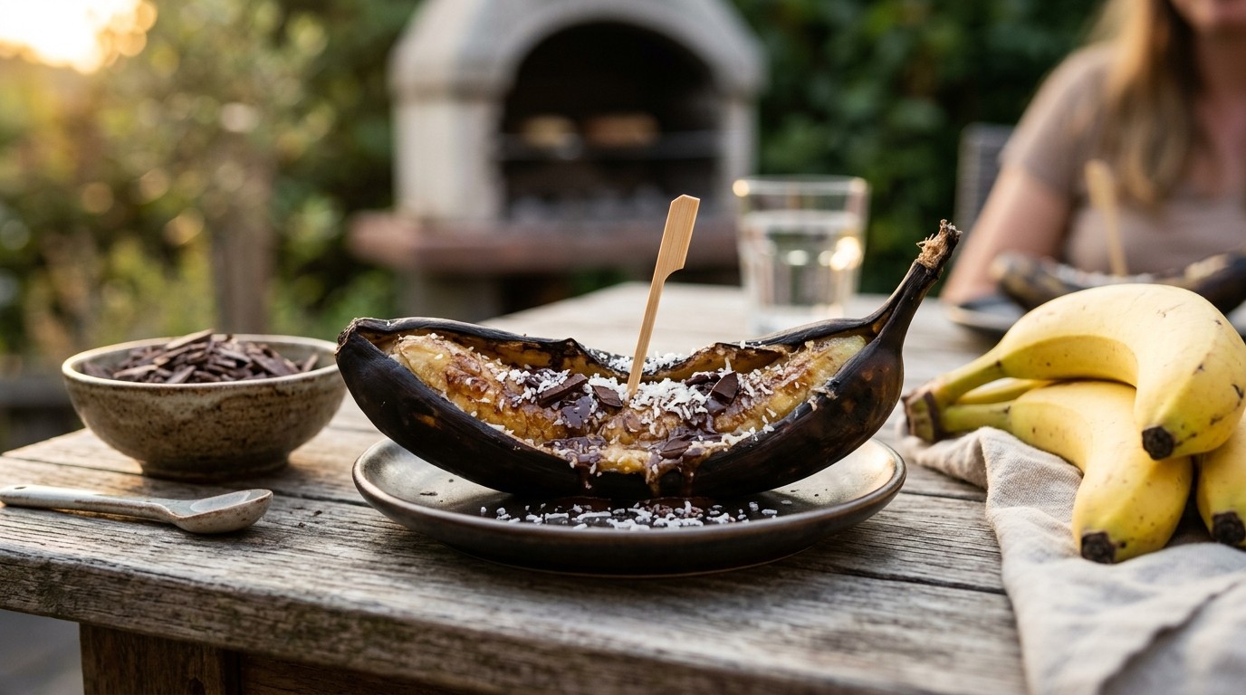 Banaan op de BBQ met chocoladevlokken