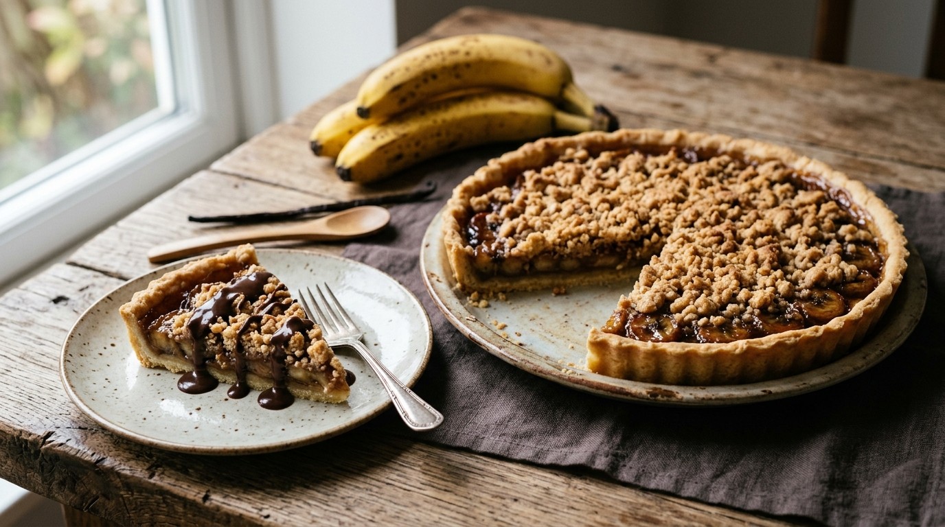 Bananen Kruimeltaart met Chocoladesaus