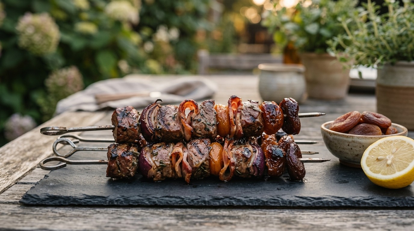 BBQ gemarineerd lamsspies met bacon en abrikoos