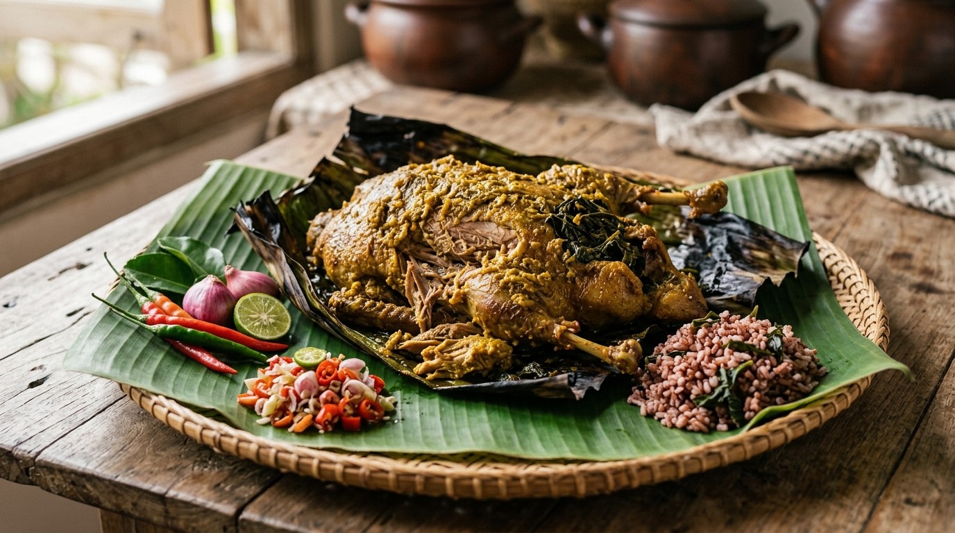 Bebek Betutu (gegrilde Eend in Bananenbladeren)