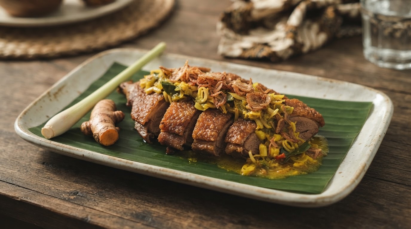 Bebek Goreng Dengan Ramuan (gebakken eend met kruidensaus)