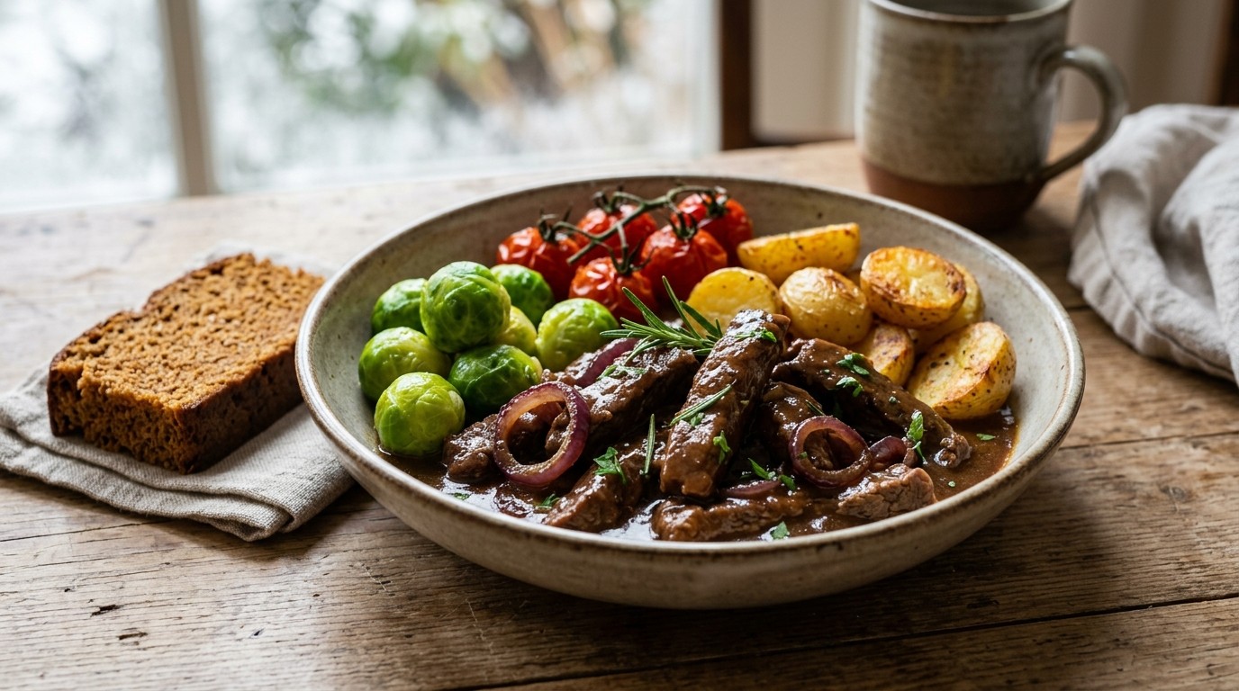 Bieflap met spruitjes en ontbijtkoek