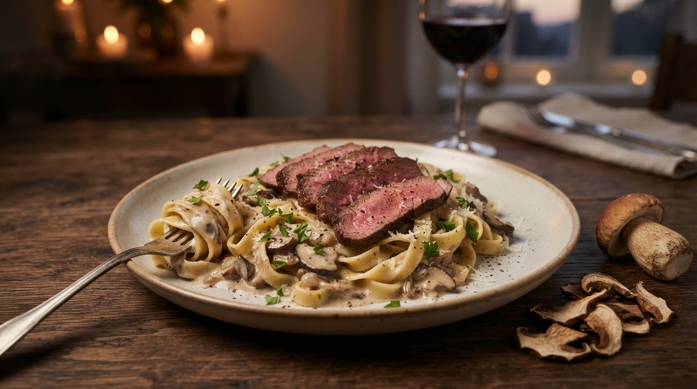 Biefstuk met eekhoorntjesbrood en tagliatelle
