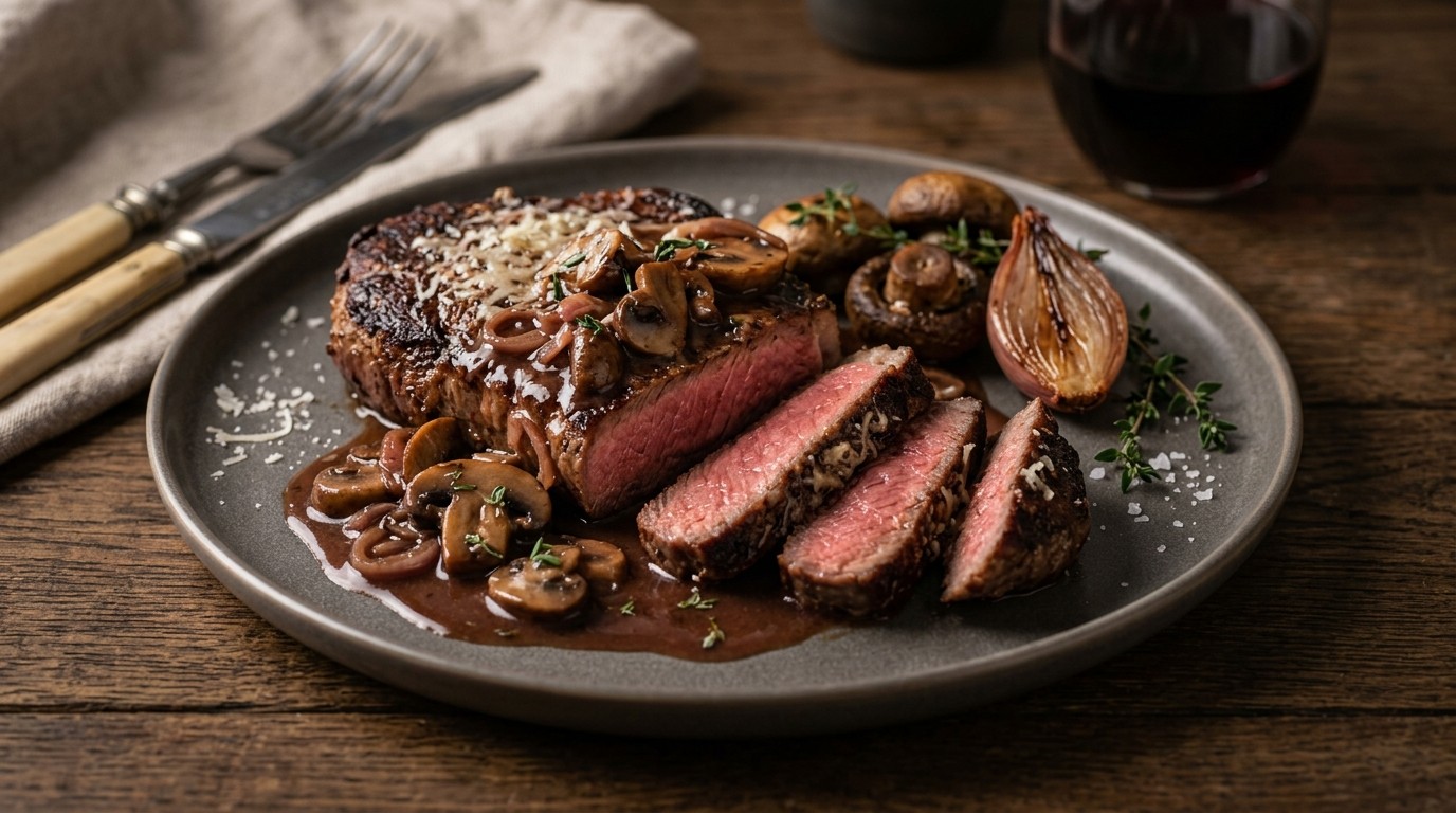Biefstuk met rode wijn-champignonsaus