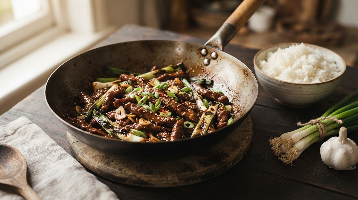 Biefstukreepjes met bosuitjes en knoflook