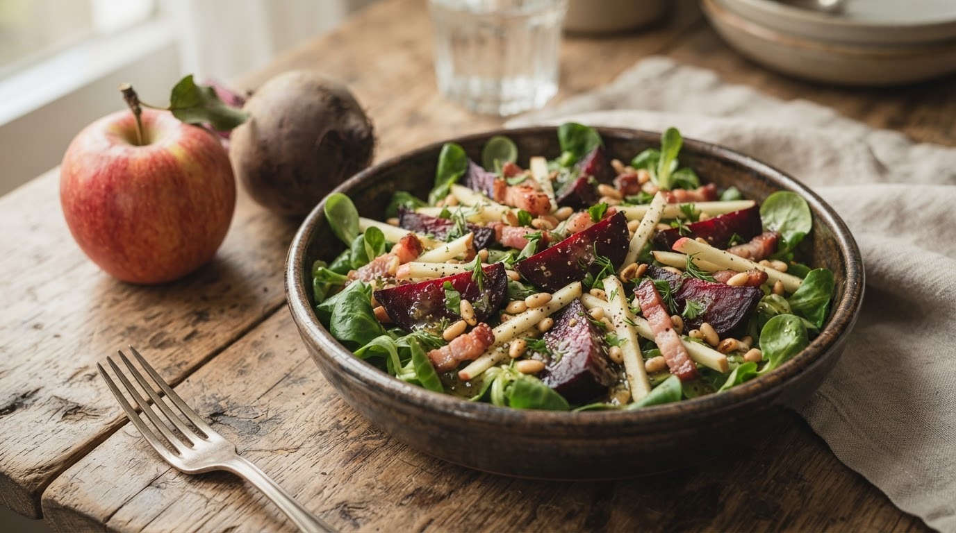 Bietensalade met mager spek, appel en pijnboompitjes