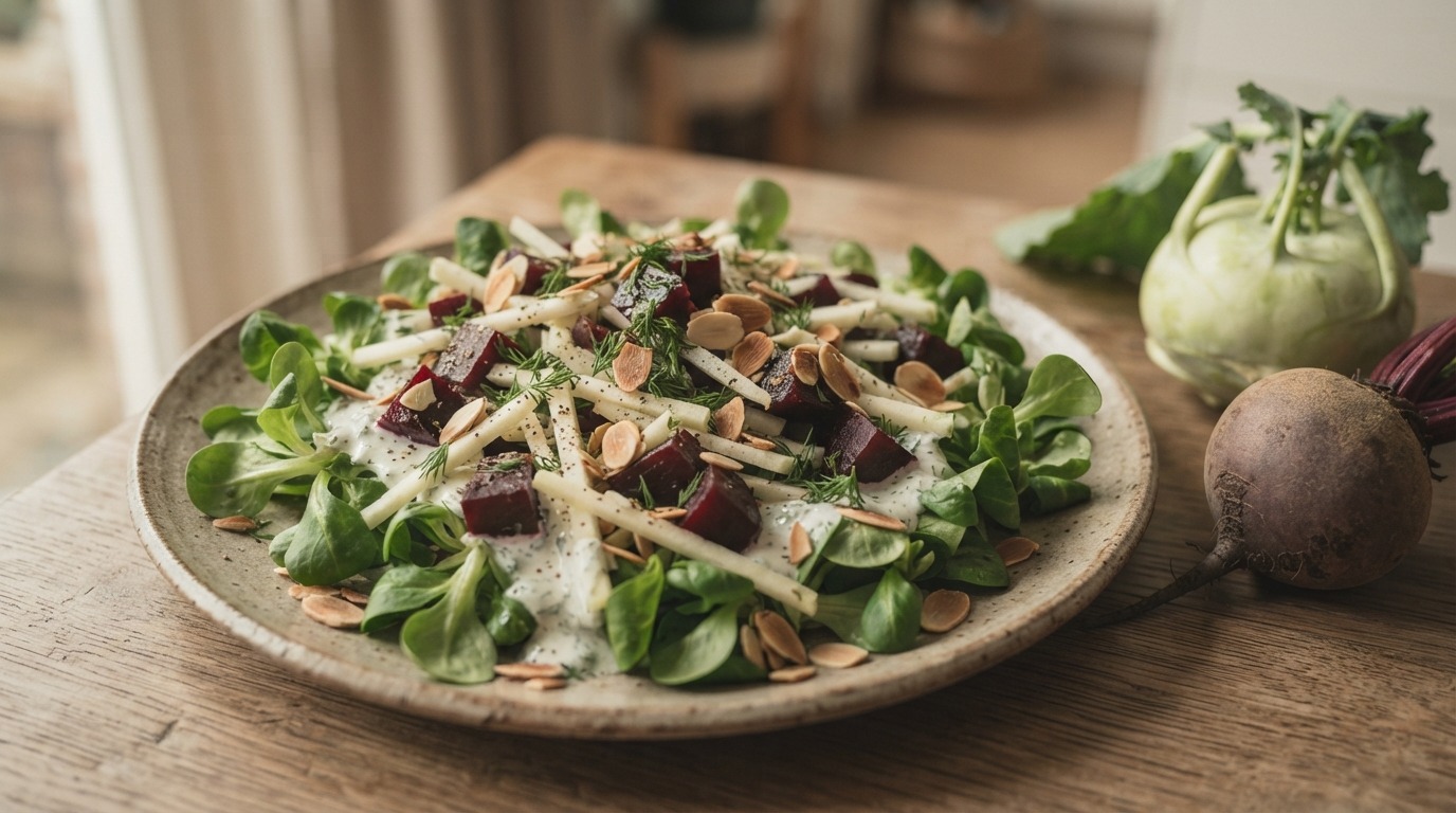 Bietensalade met veldsla en koolrabi