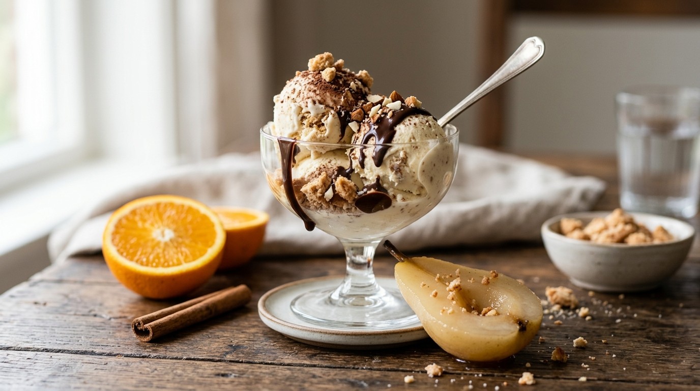 Bitterkoekjesijs met peer en chocosaus