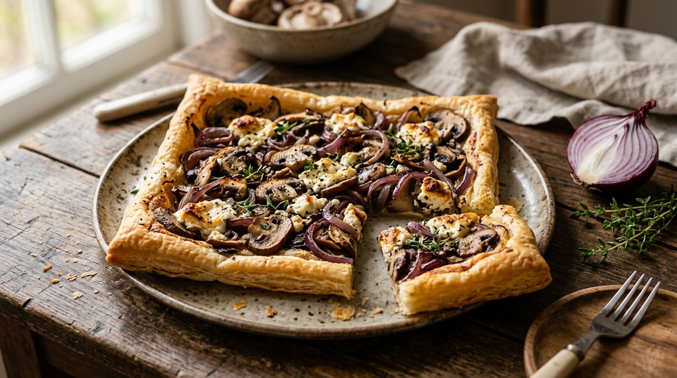 Bladerdeegtaart met Geitenkaas en Champignons