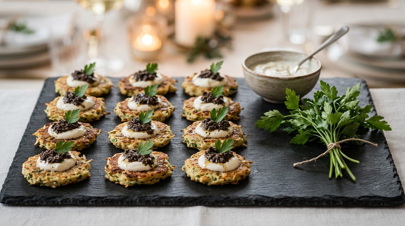 Blinis met knolselderij en truffeltapenade