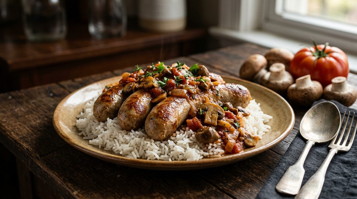 Boerenworsten met Rijst en Champignon-tomatensaus