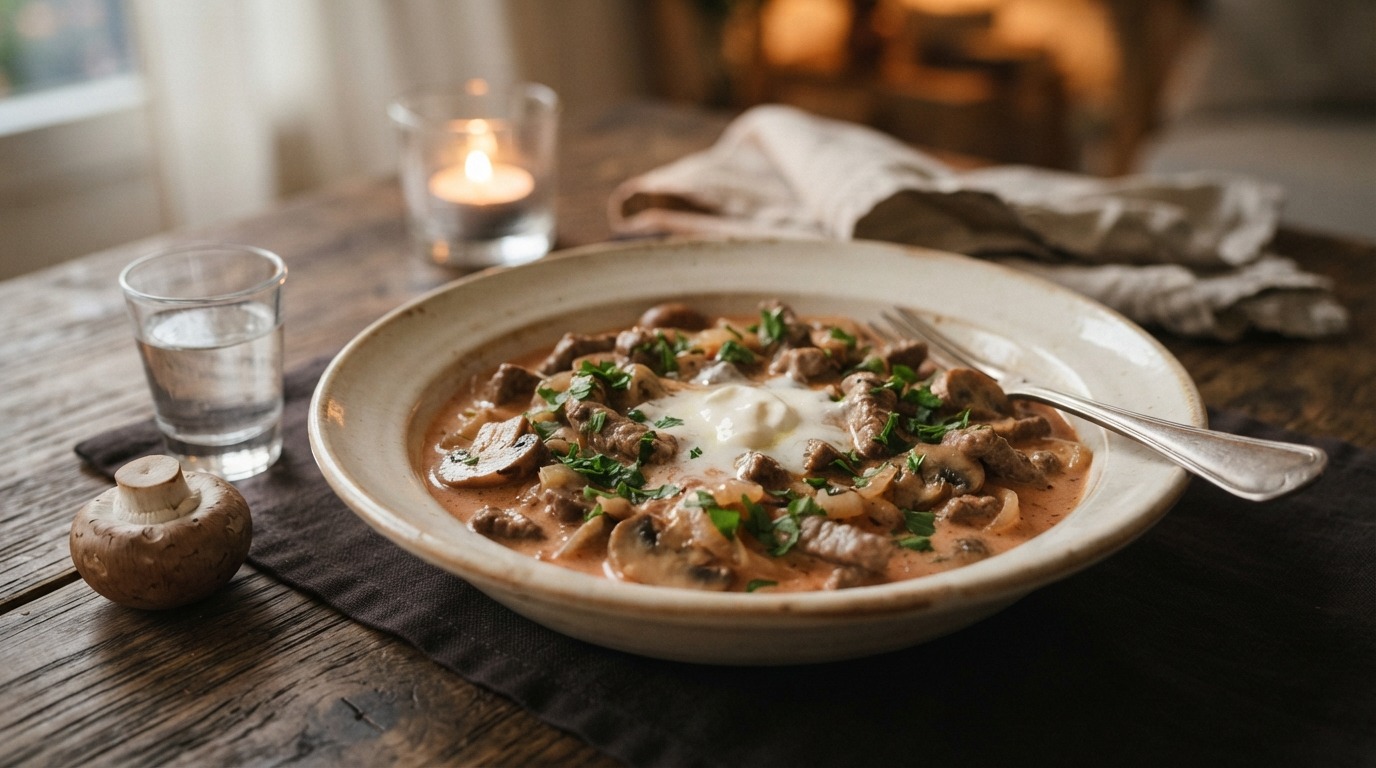 Boeuf stroganoff met rode wodka