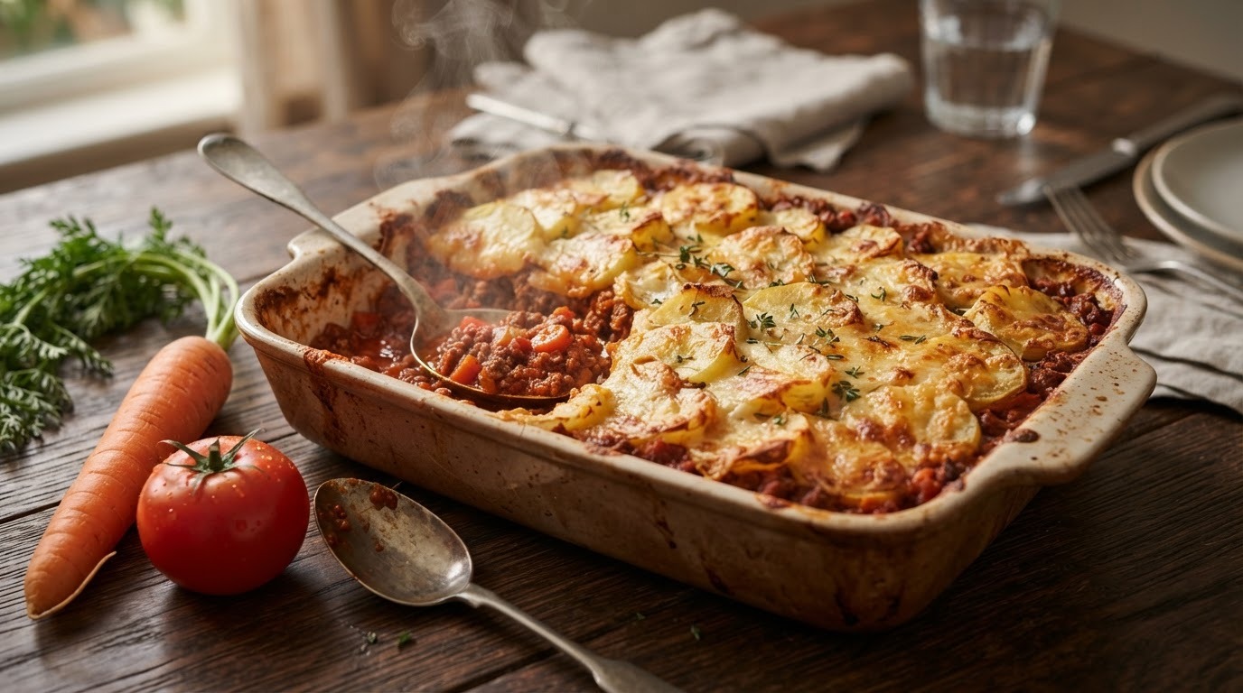 Bolognese-schotel met aardappelkorst