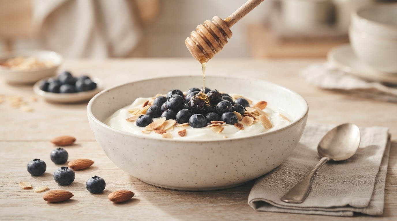 Bosbessen met honing, amandelen en yoghurt