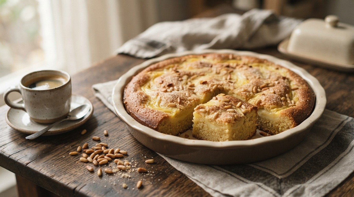 Boterkoek met rum,custard en pijnboompitten