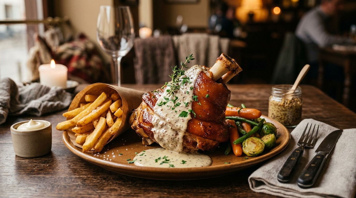 Breydelhammetje met mosterdsaus, frietjes en groentengarnituur