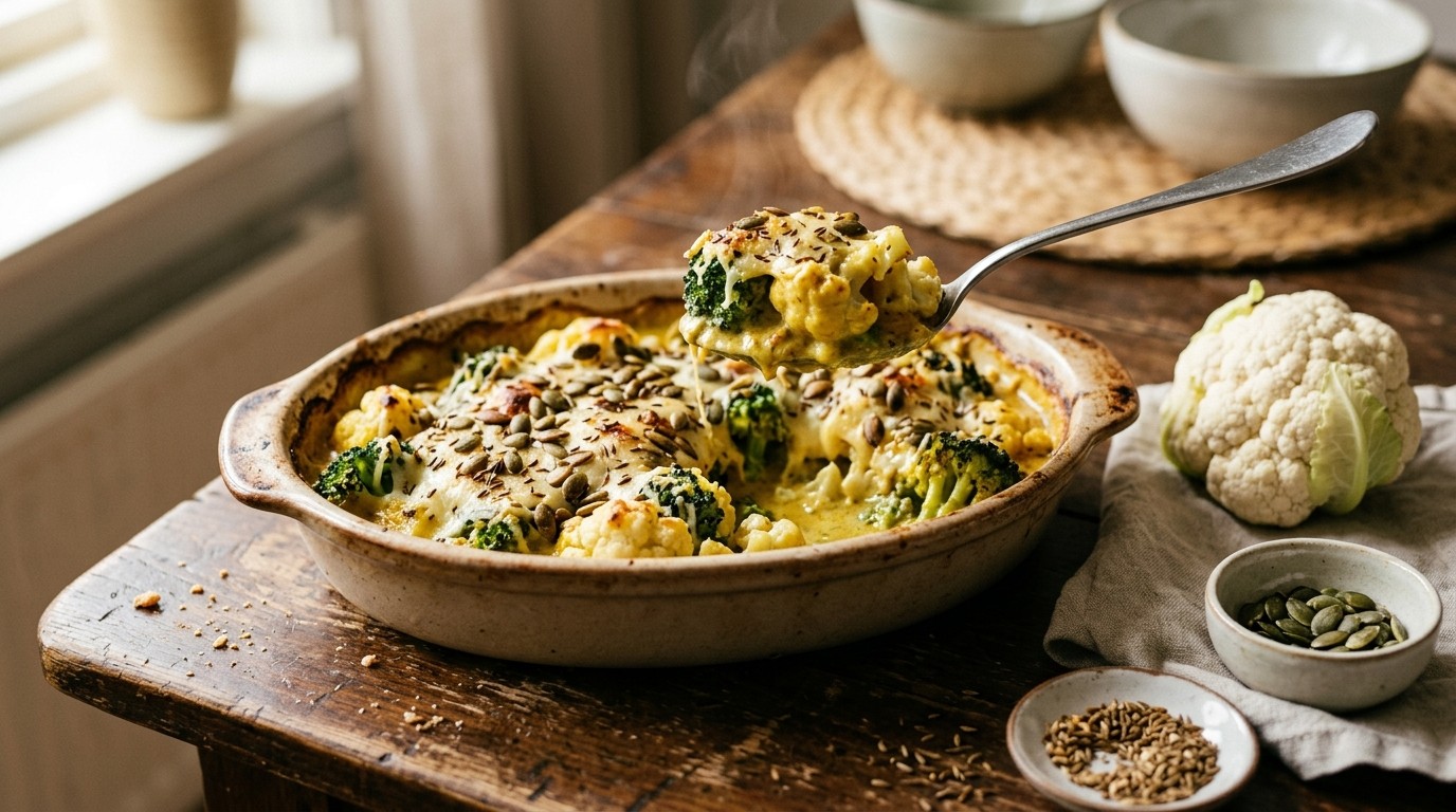 Broccoli-bloemkoolschotel met kerriesaus