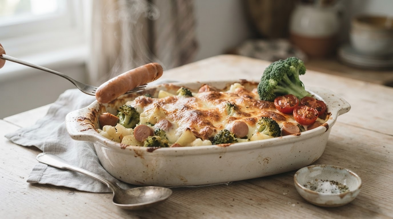 Broccoli- ovenschotel met knakworstjes