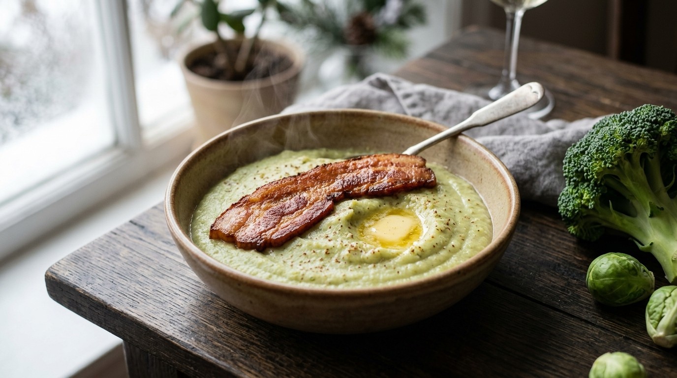 Broccoli/spruitjespuree met spekjes