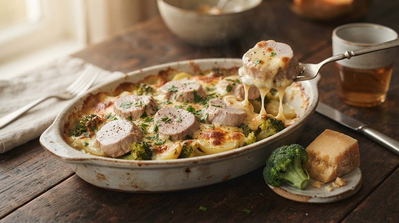 Broccolischotel met varkenshaas en kaas
