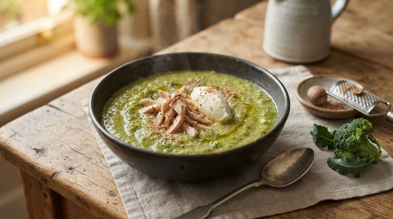Broccolisoep met gerookte kip en roomkaas