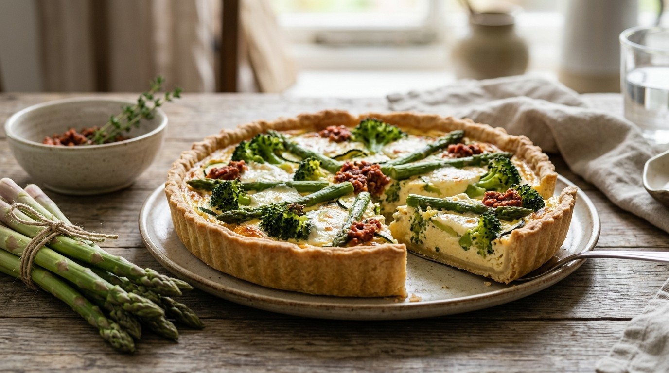 Broccolitaart met groene asperges en courgette
