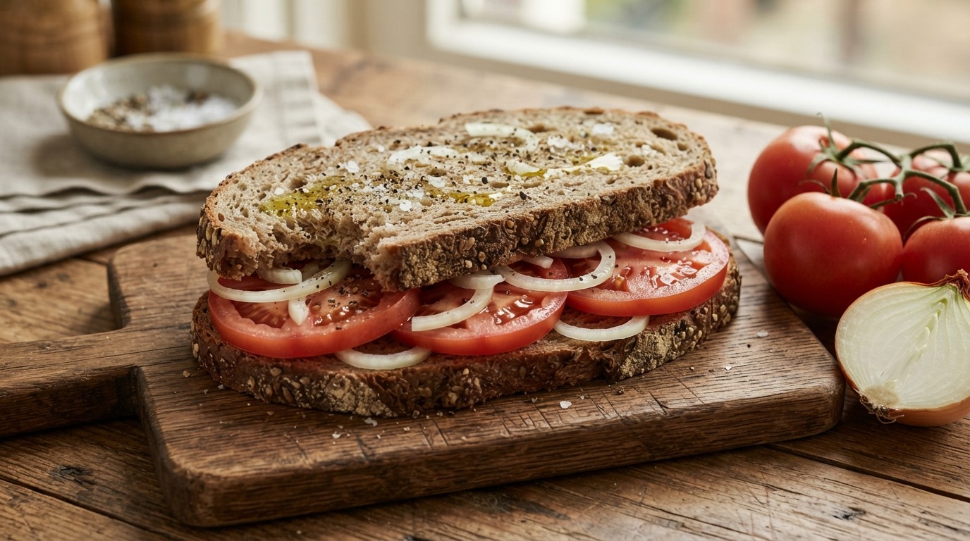 Brood, tomaat en uien