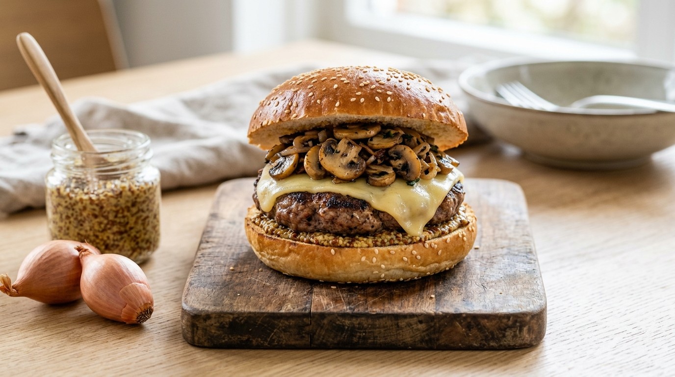 Broodje hamburger met champignons