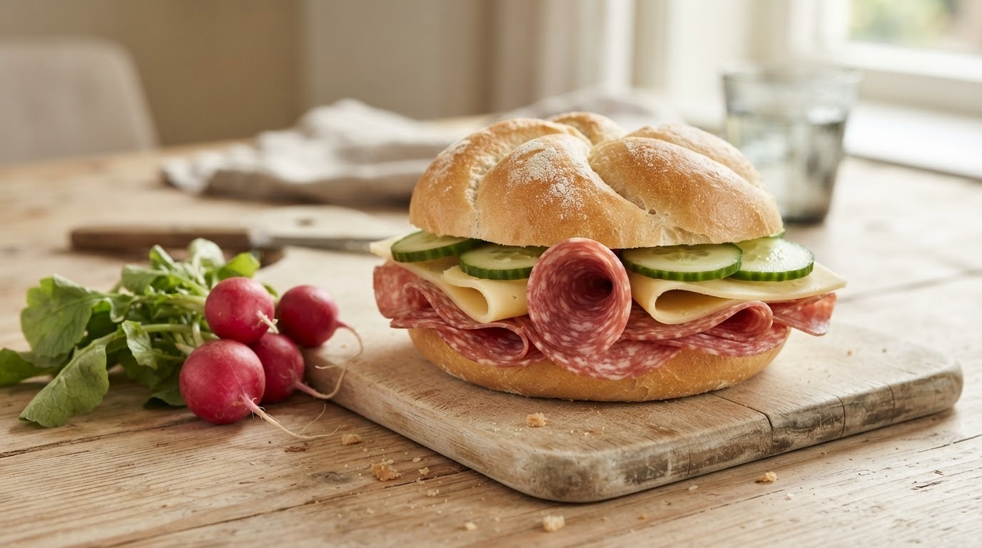 Broodje salami, kaas, komkommer