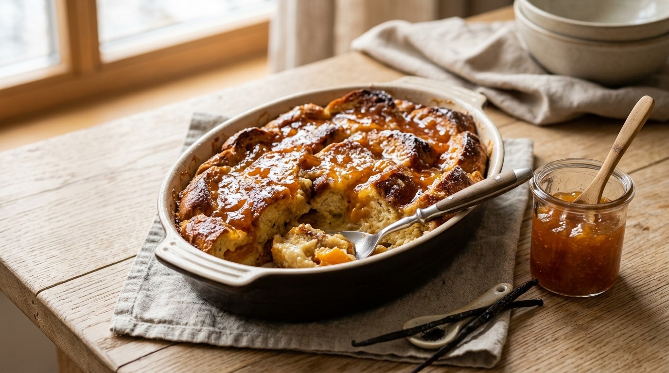 Broodpudding met abrikozenjam