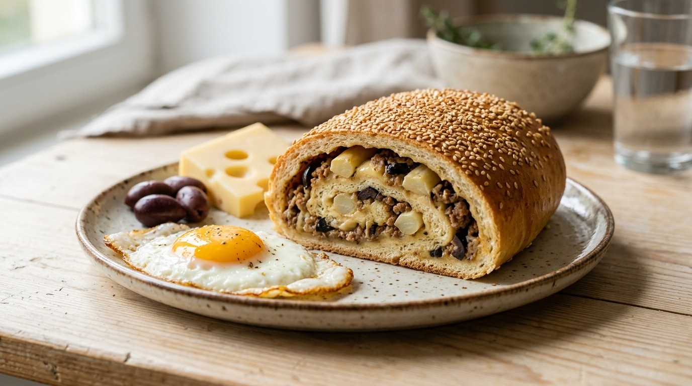 Broodrol met Asperges, Gehakt en Gebakken ei
