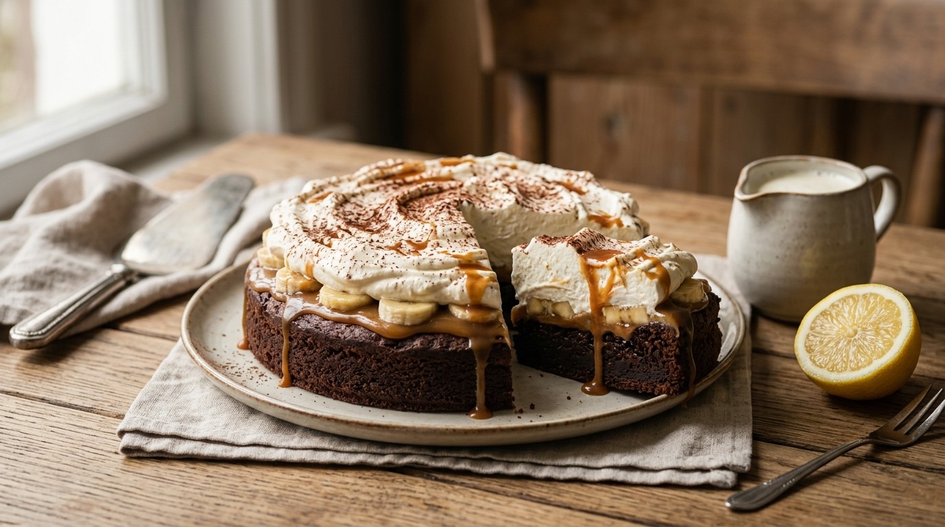 Brownietaart met caramel-banaanvulling