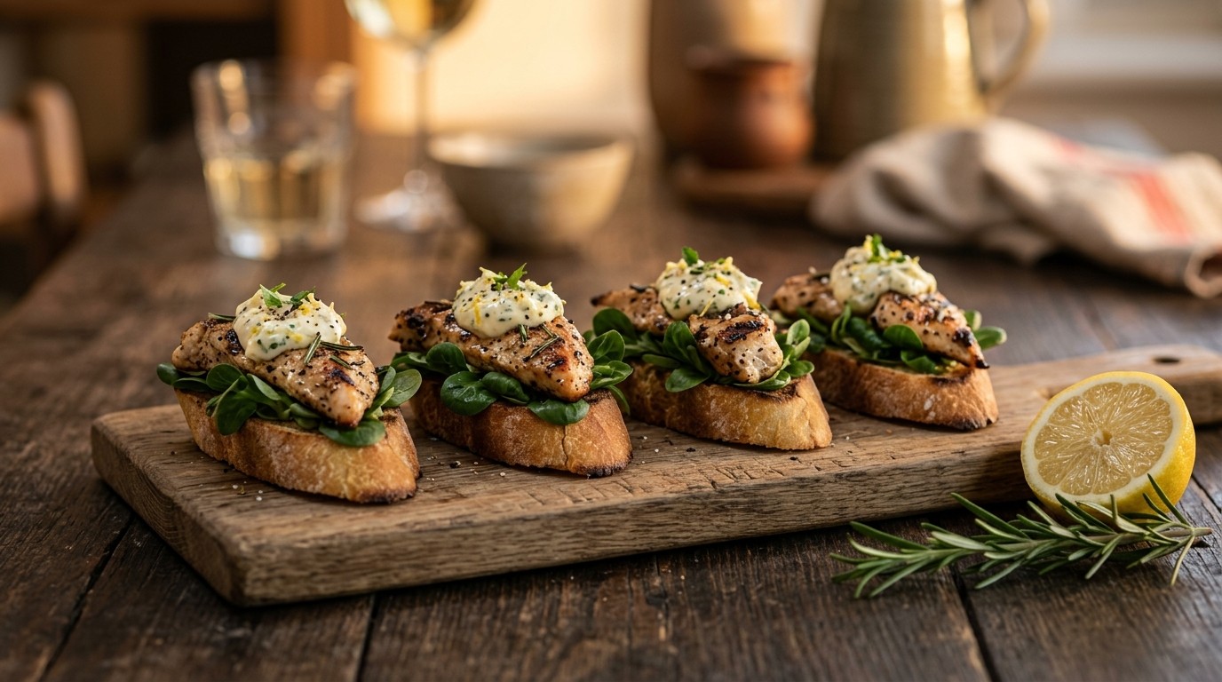 Bruchette met kipreepjes en citroenmayonaise