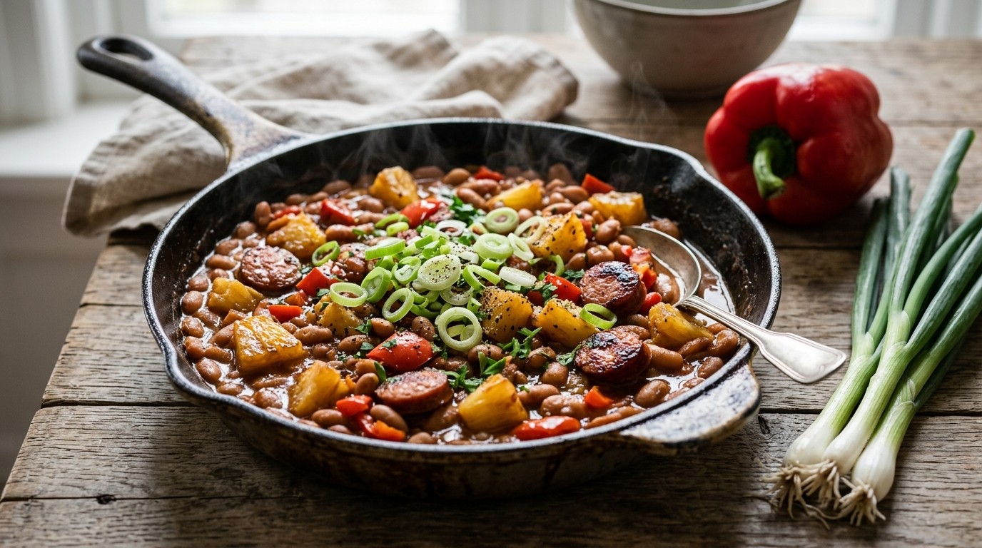 Bruine bonen met ananas, paprika en bosui