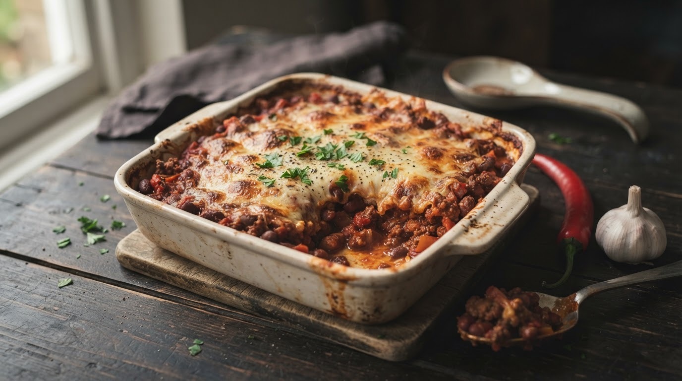 Bruine bonenschotel met rundergehakt, paprika en tomaat