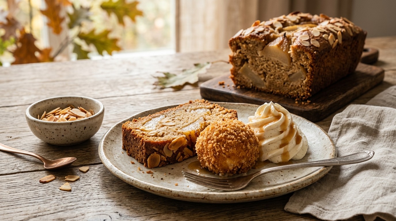 Cake met Peer en een Gepaneerde Ijsbol