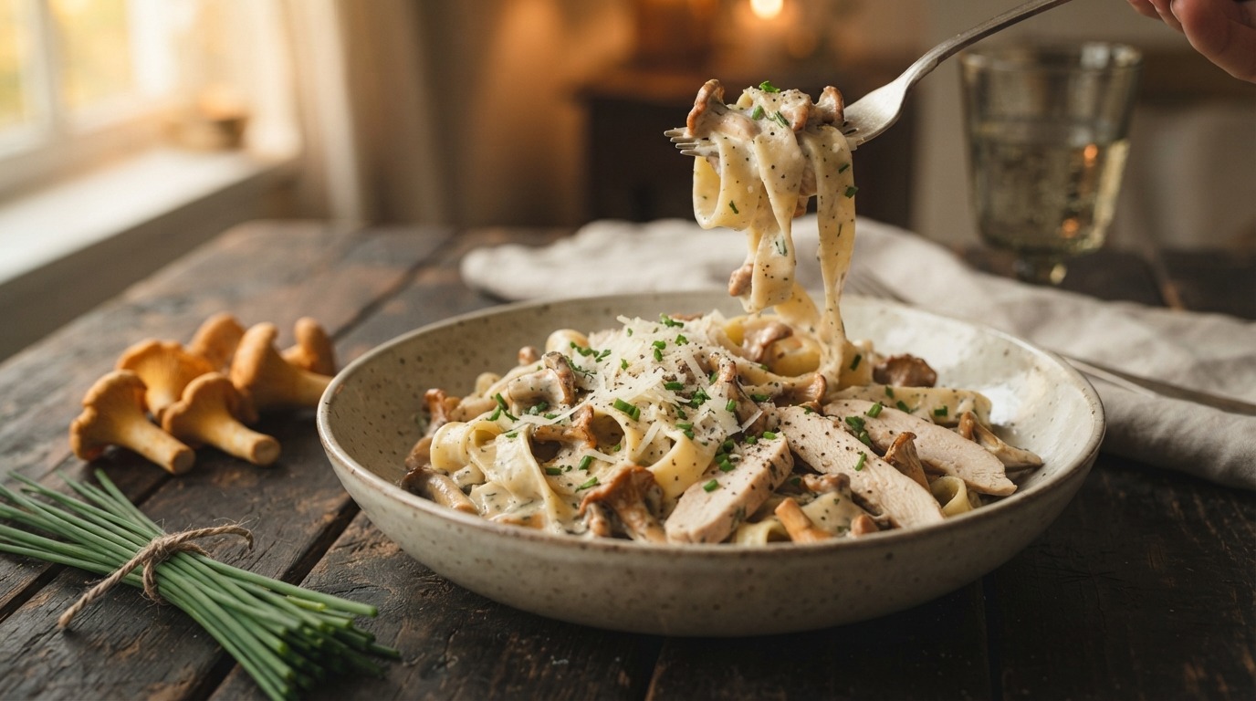 Cantharellenpasta met kipfilet