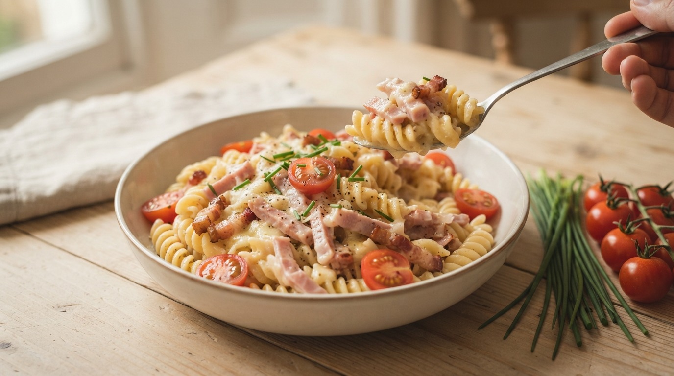 Carbonara fusillipasta met ham,spekjes en kaas