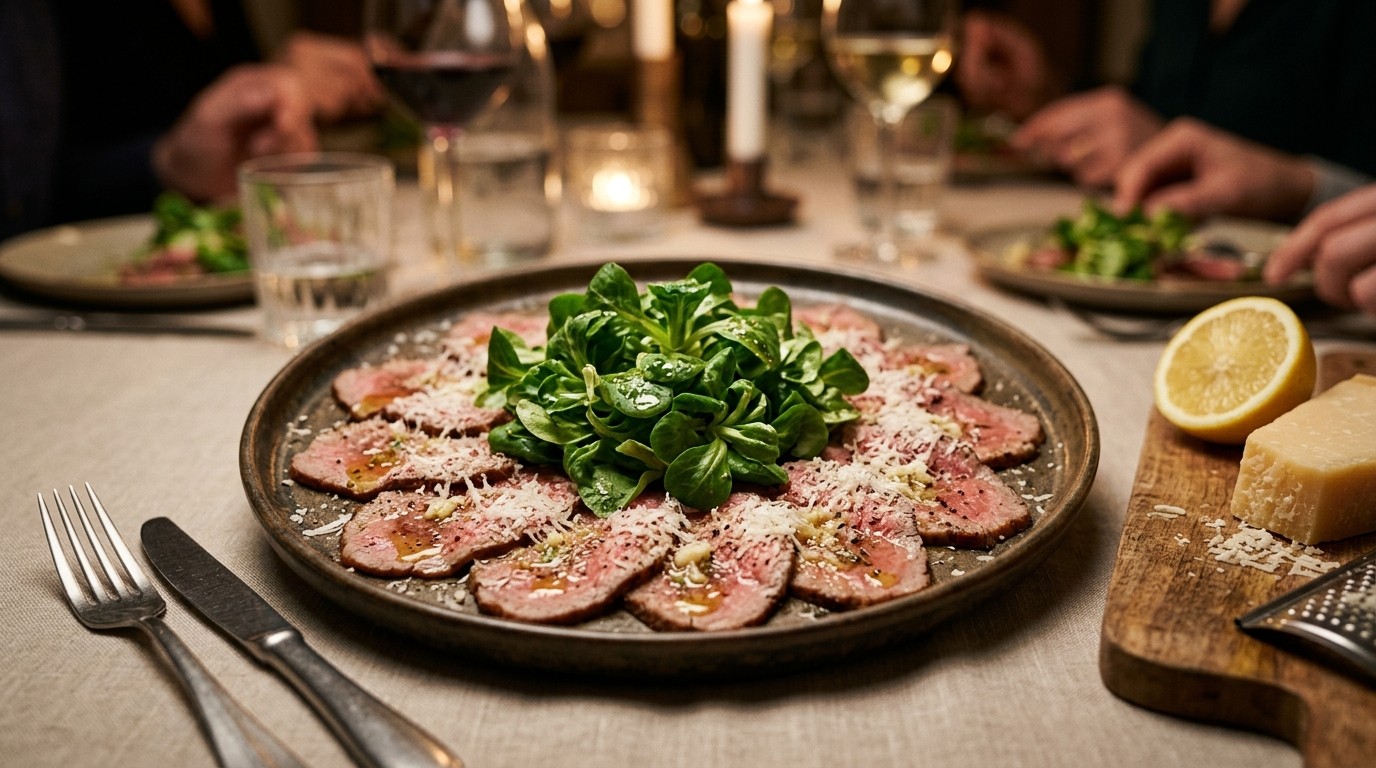 Carpaccio met knoflook, veldsla en geraspte Parmezaanse kaas