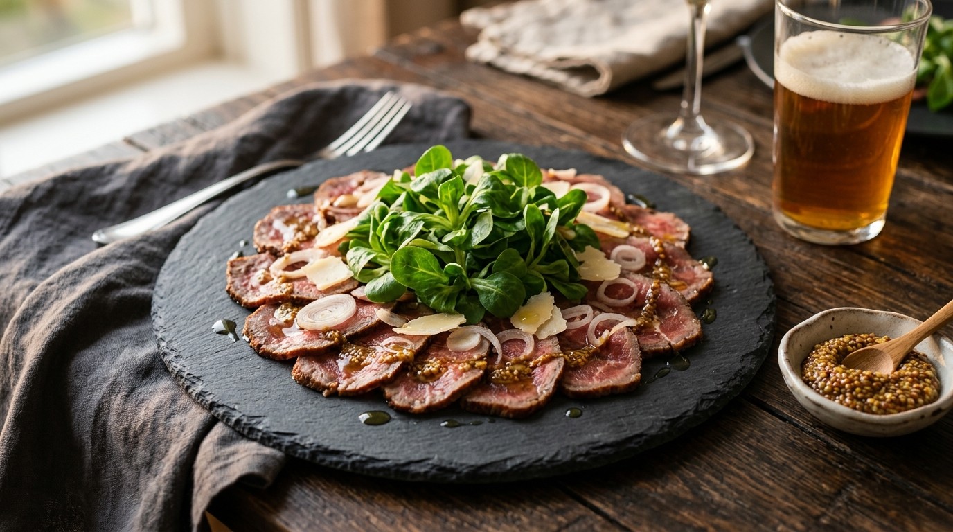 Carpaccio met veldsla en sjalotjes