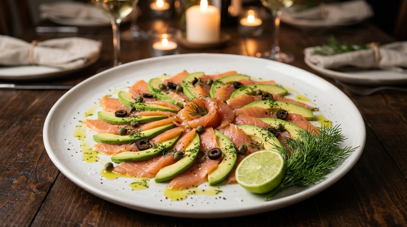 Carpaccio van gerookte zalm en avacado