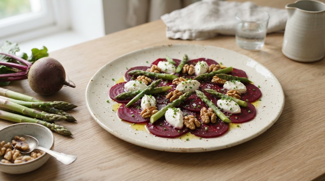 Carpaccio van rode bieten, mascarpone en walnoten