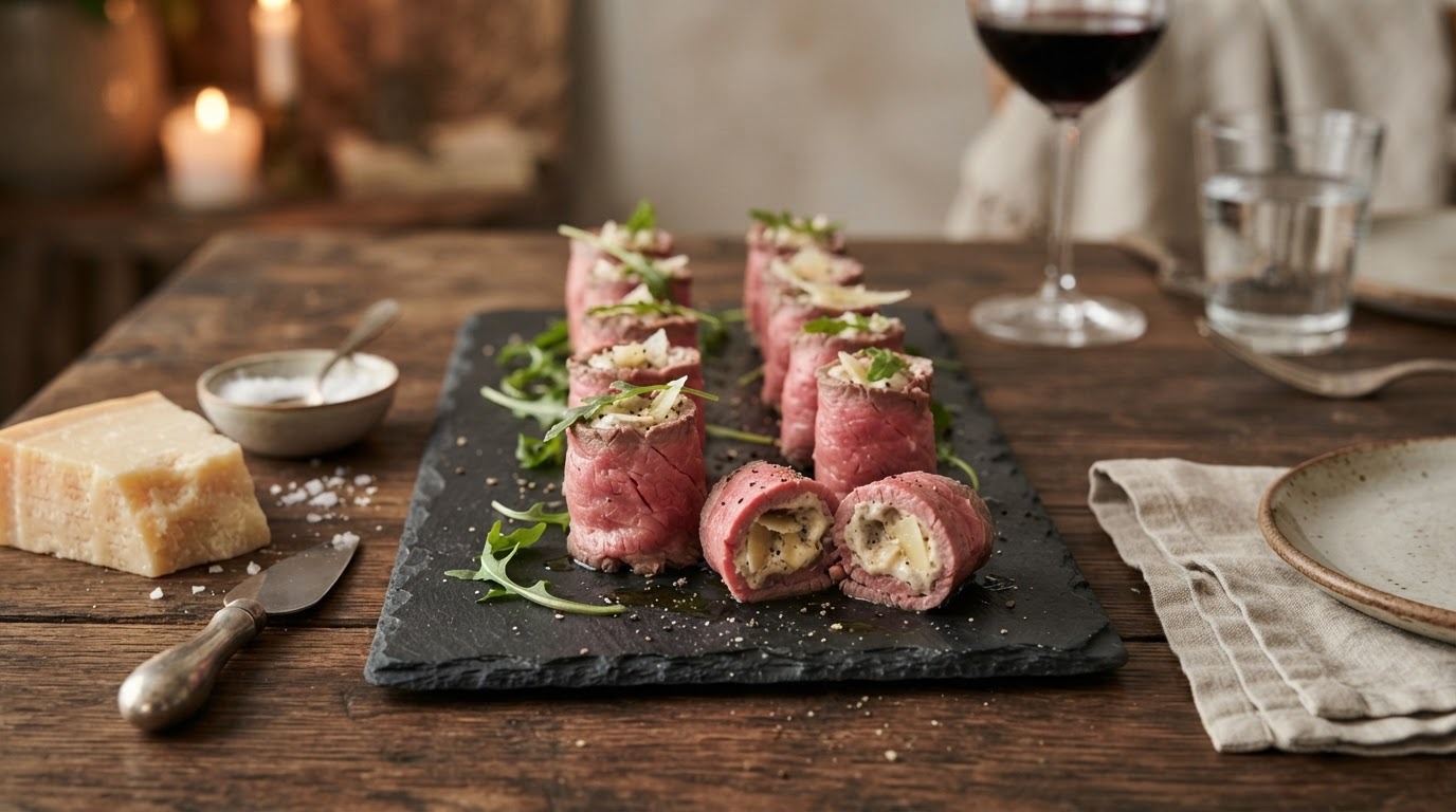 Carpacciorolletjes met truffelmayonaise en Parmezaan