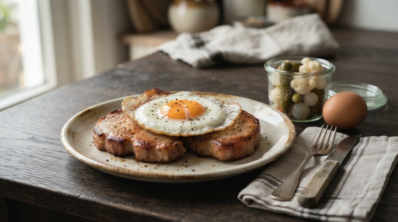 Casselerrib met spiegelei