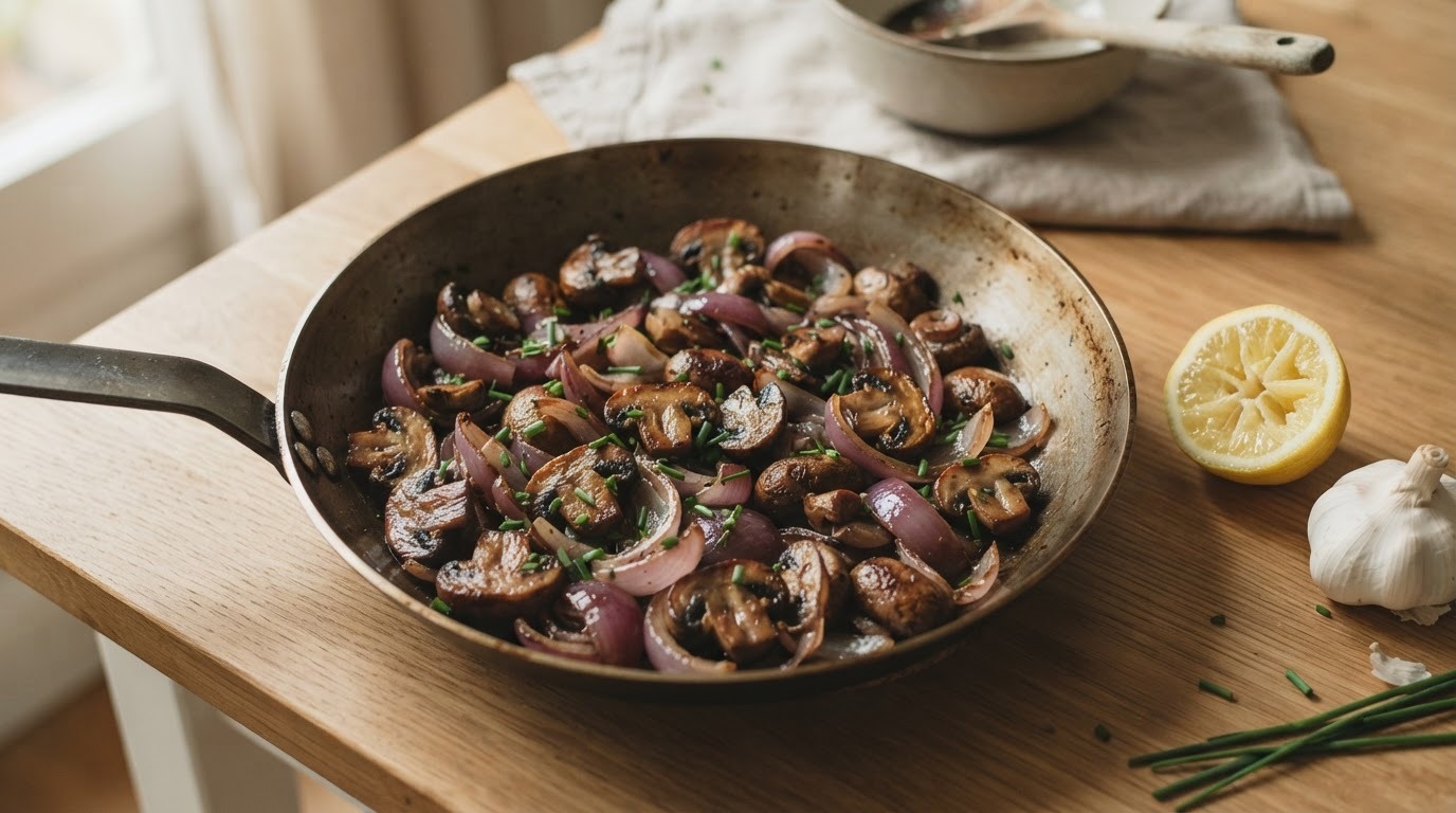 Champignons met rode uien