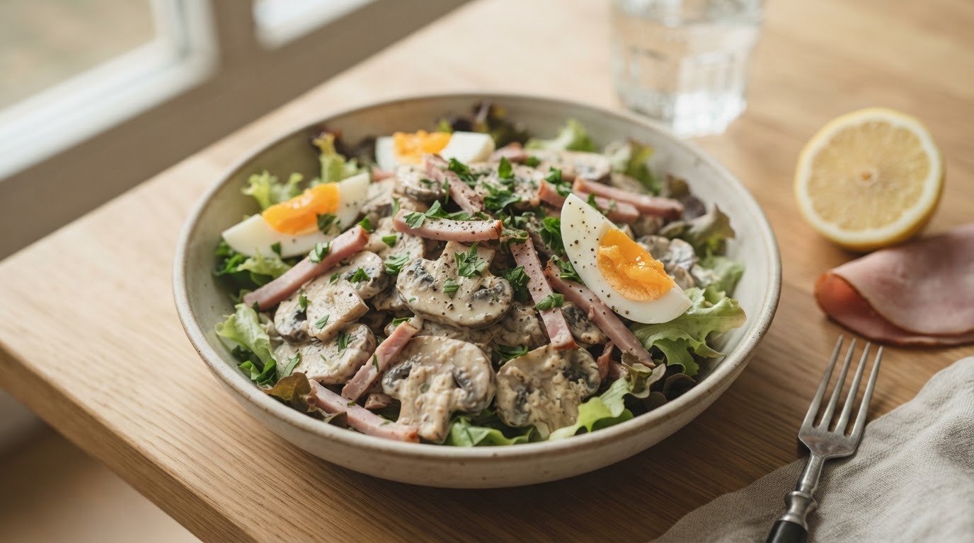 Champignonsalade met ham en ei