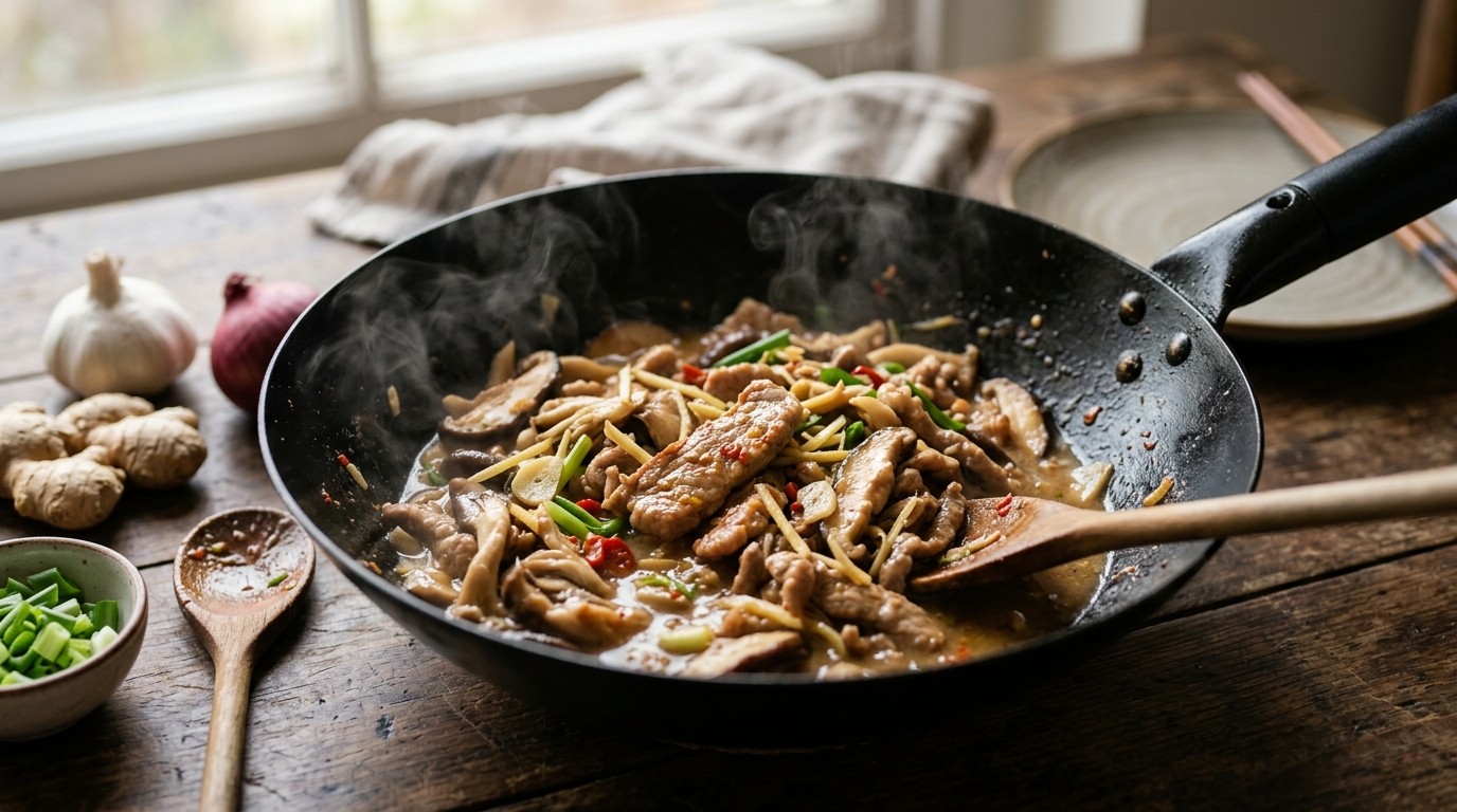 Chinees varkensvlees met verse gember en champignons