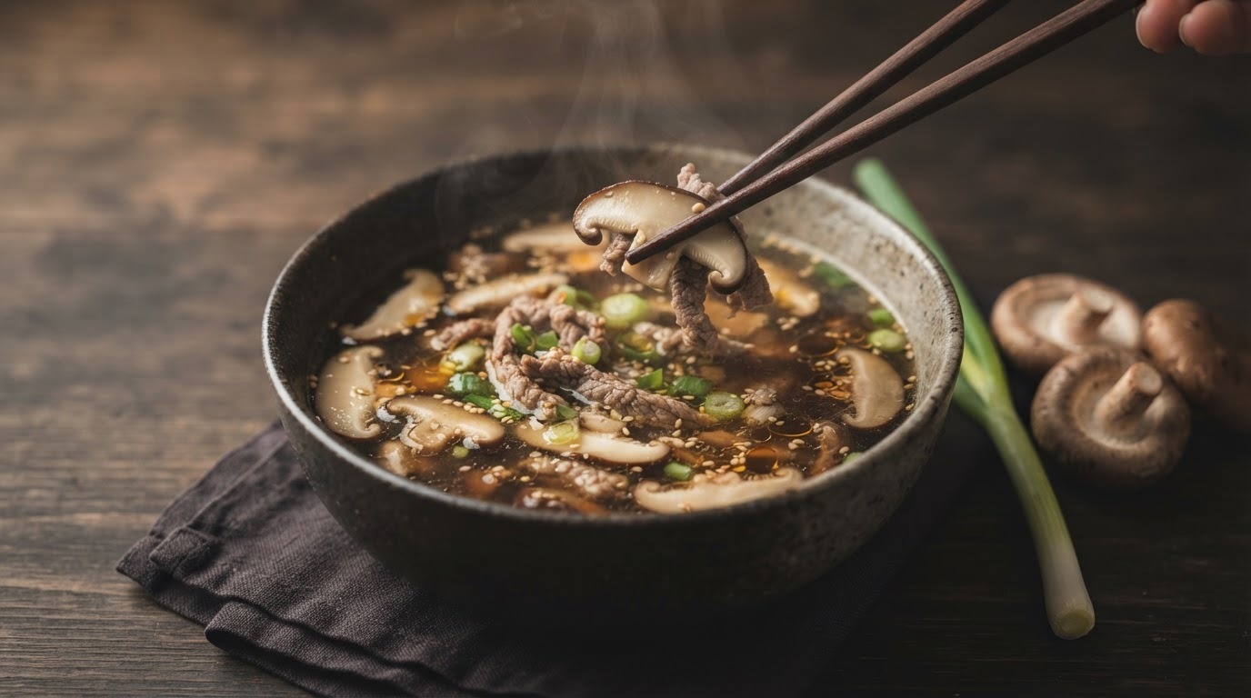 Chinese paddestoelensoep met runderreepjes