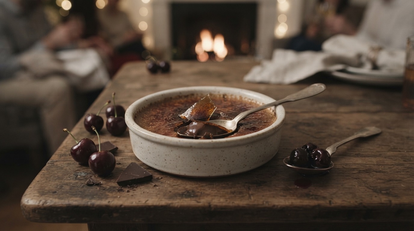 Chocolade-crème-brûlee met Amarene kersen